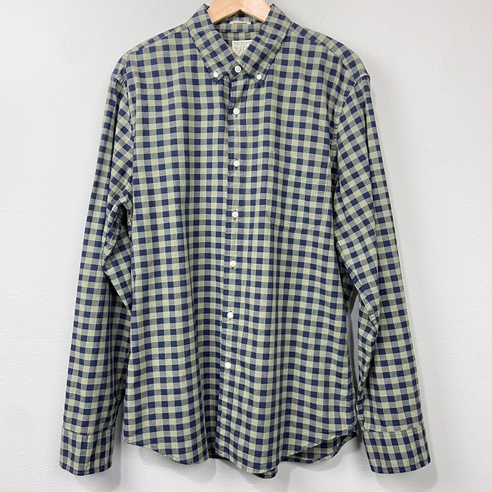 J.Crew Stretch Secret Wash Shirt Sz L Slim Green Navy Gingham Check Long Sleeve